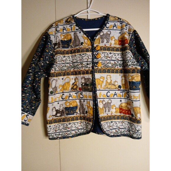 Womens S-M Cats Tapestry Quilted Longsle Jacket/Cat Button VIBRANT COLORS - Picture 3 of 16